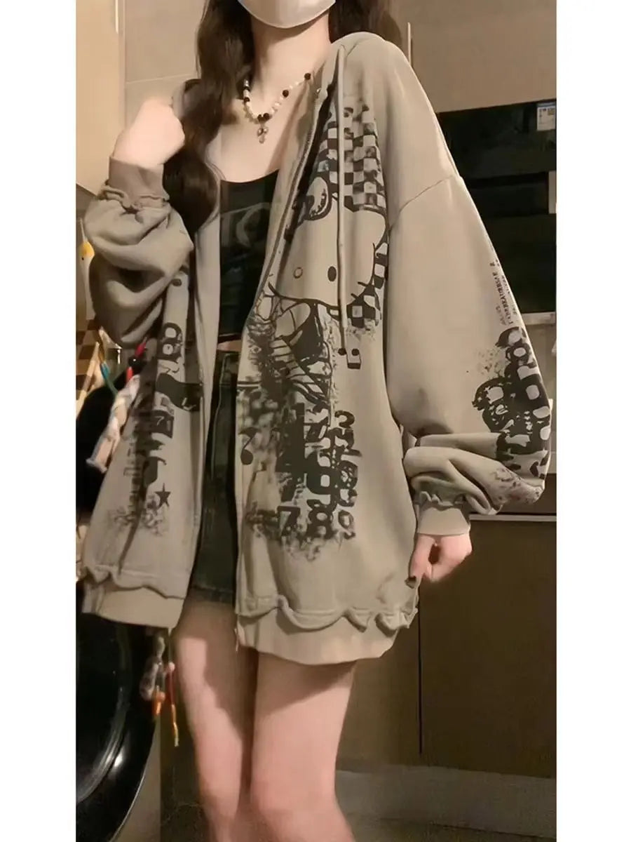 American Street Hip-hop Hooded Sweatshirt for Women New Trend Hooded Sports Cardigan Jacket for Students to Wear