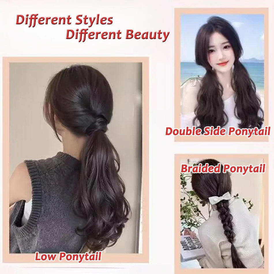Long Curly Ponytail Hair Extensions with Elastic Band – Natural Dark Brown Synthetic Hair for Women