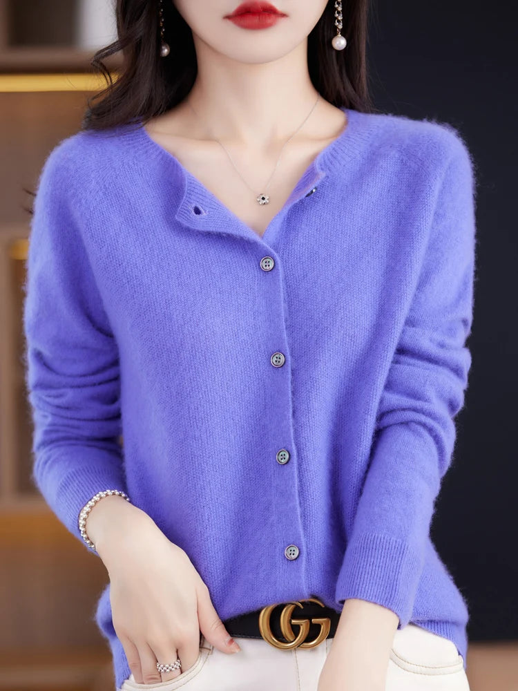 2024 New Chic Women's Basic O-neck Cardigan 100% Merino Wool Sweater Soft Grace Knitwear CoatSpring Autumn Female Clothes Tops