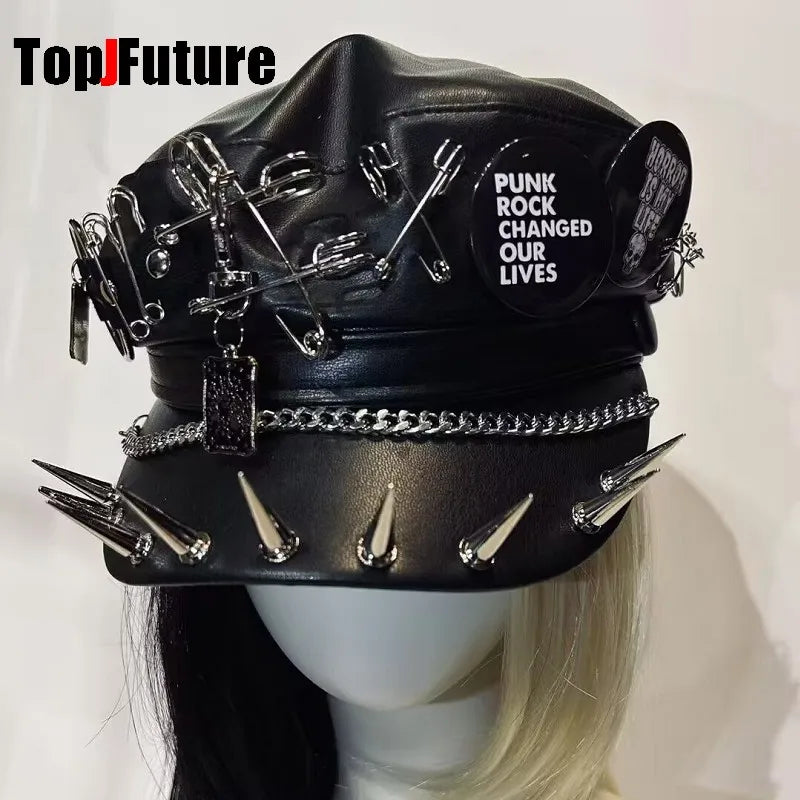 Women's Harajuku Gothic pu leather Steampunk rivet heavy metal Beret Hat Y2k Girls steampunk Streetwear Accessories Caps hat