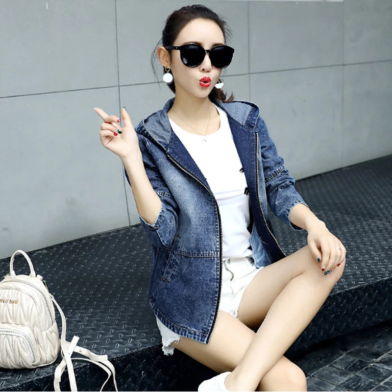 Hooded Denim Jacket Loose 2024 New Spring Autumn Women Long-sleeve Casual Tops Korean Student Short Jeans Coat Plus Size 3XL
