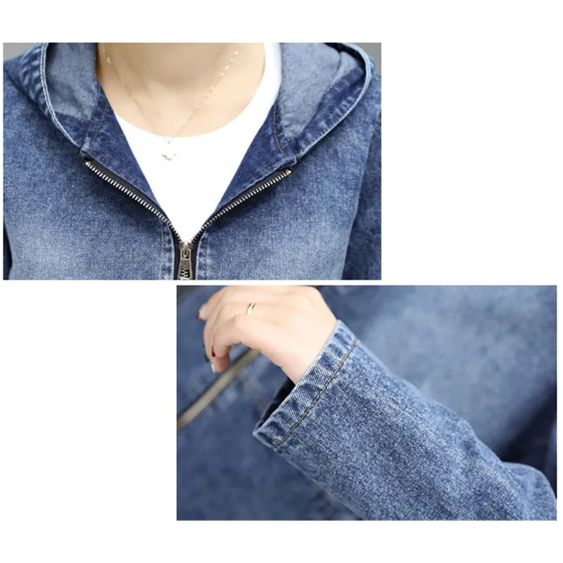 Hooded Denim Jacket Loose 2024 New Spring Autumn Women Long-sleeve Casual Tops Korean Student Short Jeans Coat Plus Size 3XL