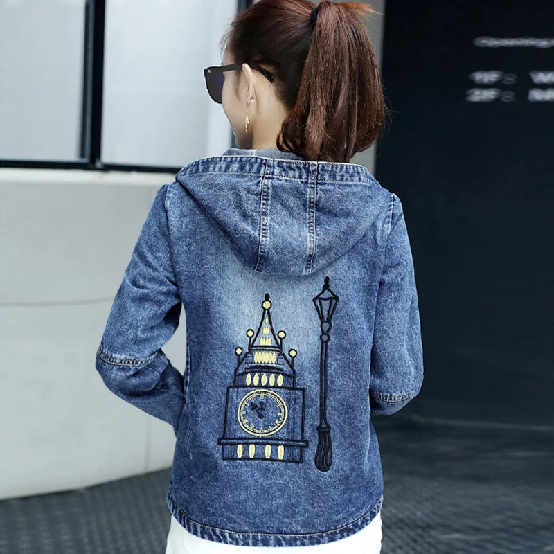 Hooded Denim Jacket Loose 2024 New Spring Autumn Women Long-sleeve Casual Tops Korean Student Short Jeans Coat Plus Size 3XL