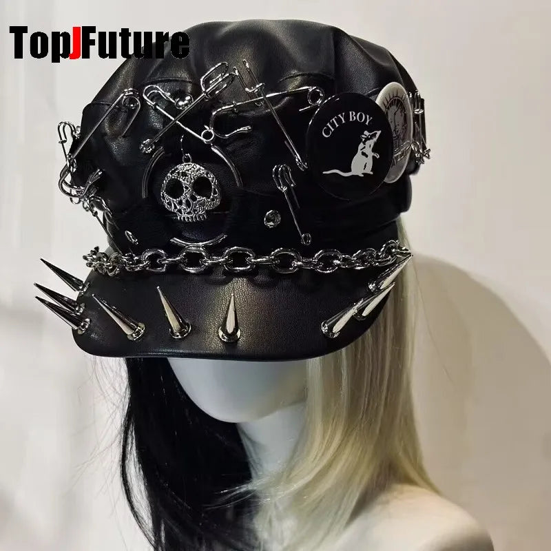 Women's Harajuku Gothic pu leather Steampunk rivet heavy metal Beret Hat Y2k Girls steampunk Streetwear Accessories Caps hat