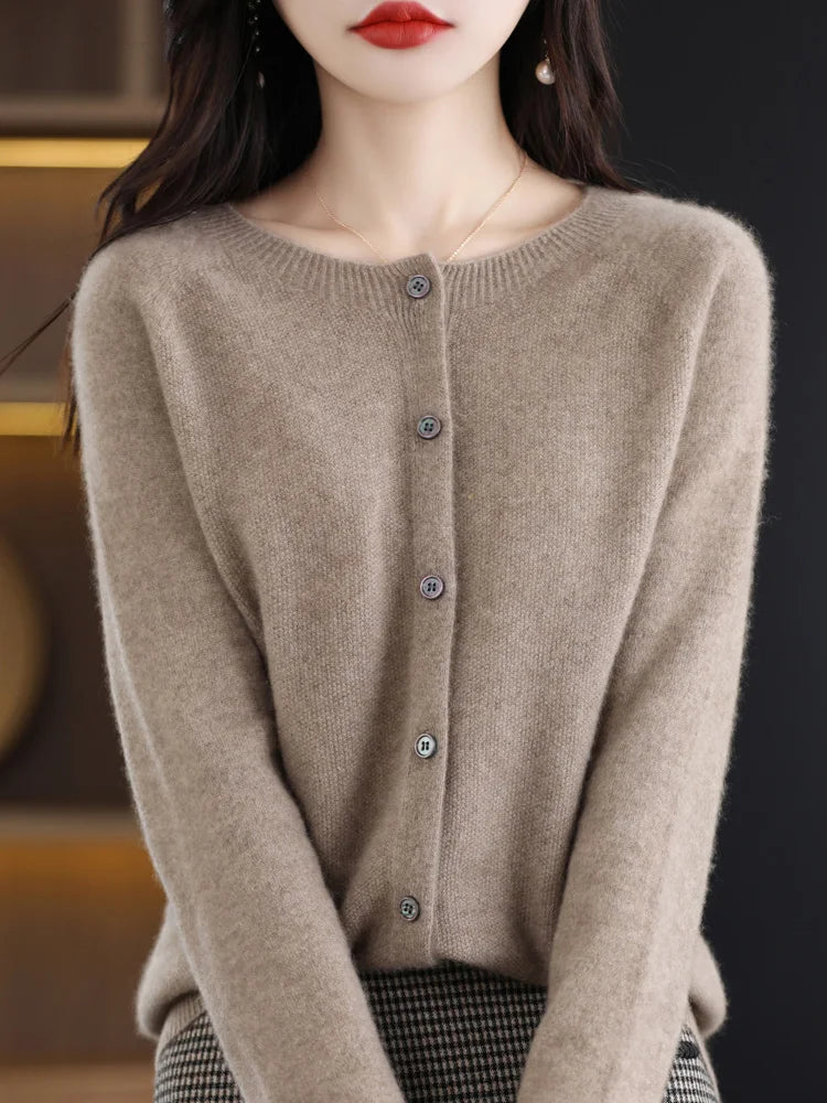 2024 New Chic Women's Basic O-neck Cardigan 100% Merino Wool Sweater Soft Grace Knitwear CoatSpring Autumn Female Clothes Tops