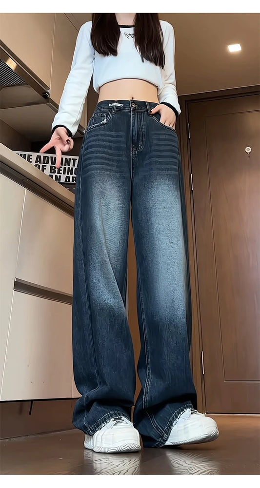 Jeans women's loose straight spring and autumn 2025 new large size American casual retro all-match wide-leg trousers trend