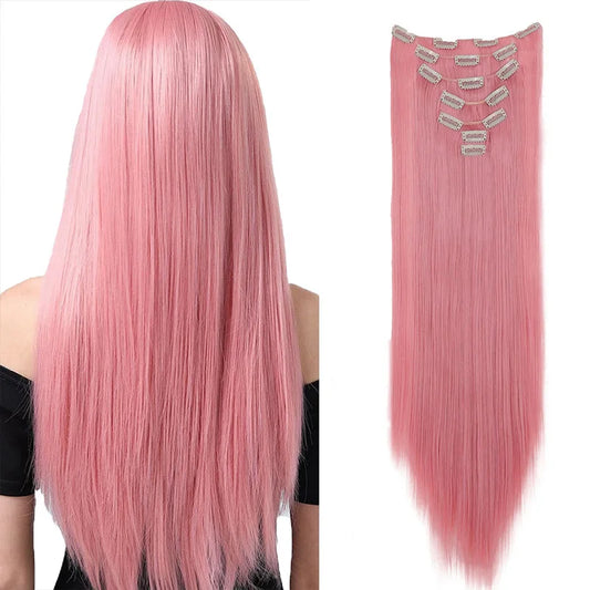 7 Clips In Hair Extensions Long Straight Hairstyle Pink 60CM Natural Synthetic Hair Daily Use Hairpiece For Women