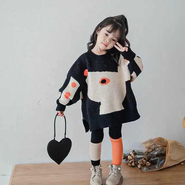 Sweaters Girls Children Clothing Thickening Warm Autumn Winter New Loose Two Piece Set Irregular Pattern Forking Cotton