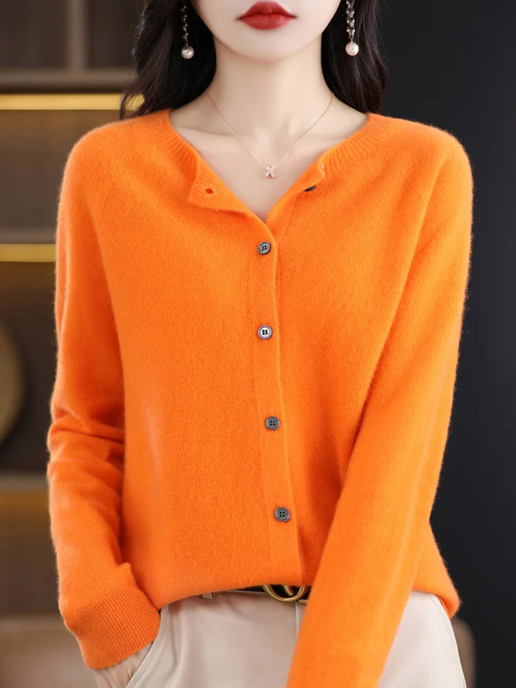 2024 New Chic Women's Basic O-neck Cardigan 100% Merino Wool Sweater Soft Grace Knitwear CoatSpring Autumn Female Clothes Tops