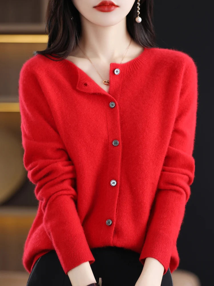 2024 New Chic Women's Basic O-neck Cardigan 100% Merino Wool Sweater Soft Grace Knitwear CoatSpring Autumn Female Clothes Tops