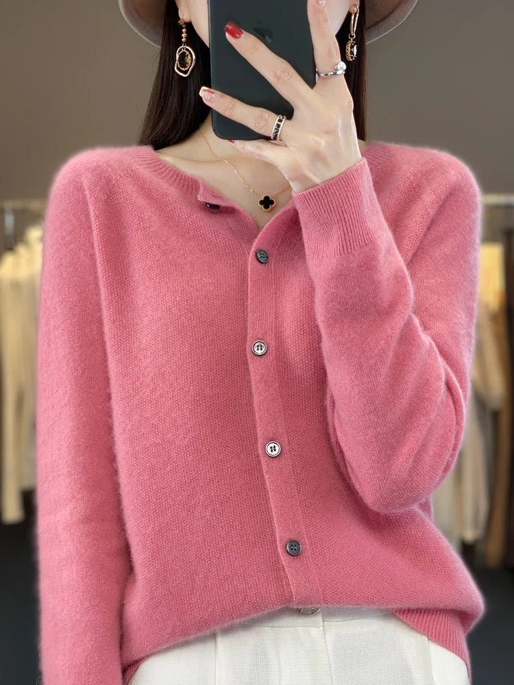 2024 New Chic Women's Basic O-neck Cardigan 100% Merino Wool Sweater Soft Grace Knitwear CoatSpring Autumn Female Clothes Tops