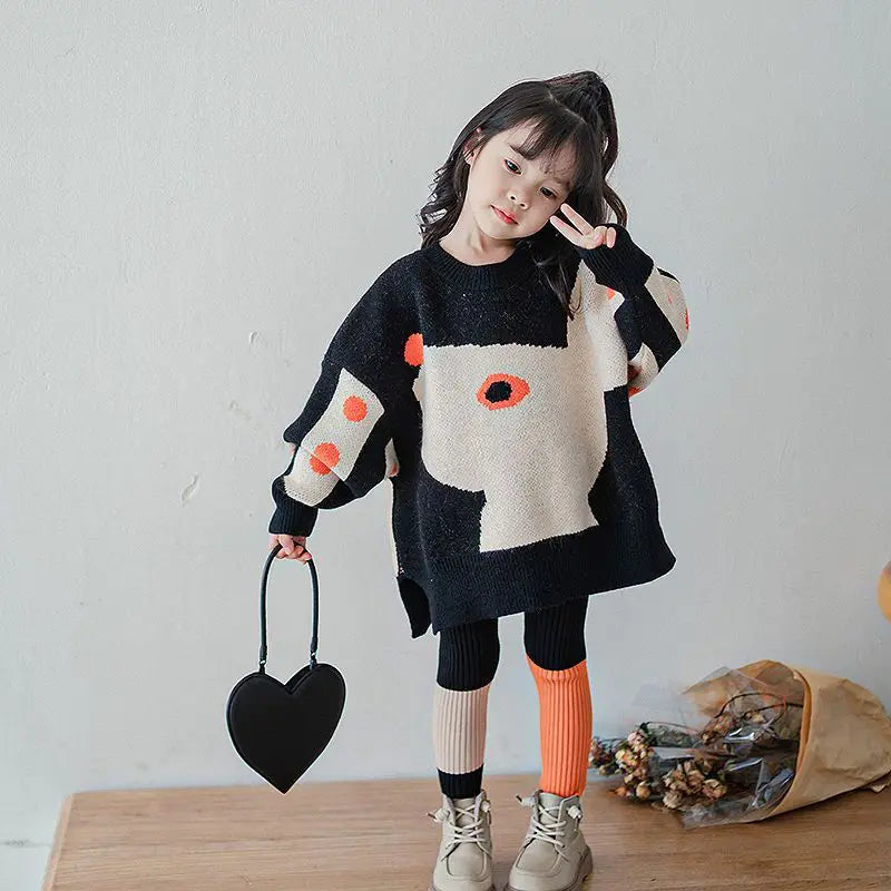 Sweaters Girls Children Clothing Thickening Warm Autumn Winter New Loose Two Piece Set Irregular Pattern Forking Cotton