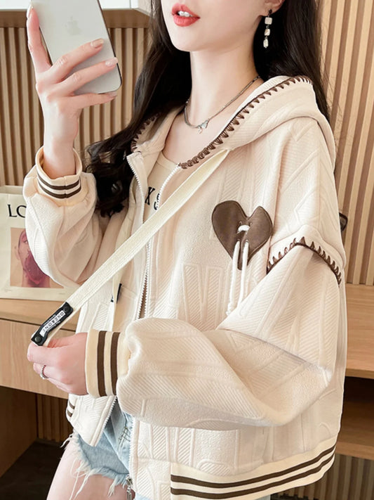 Sweet College Style Baseball Uniform Jacket Girls Fashion Spring Autumn Loose Lines Heart Drawstring Cardigan Hoodie Hooded Coat