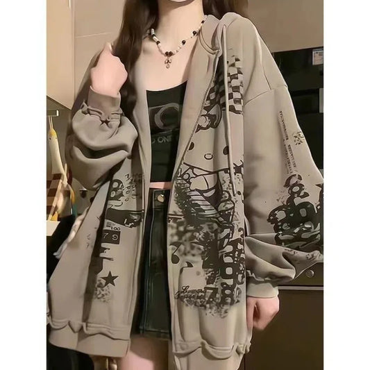 American Street Hip-hop Hooded Sweatshirt for Women New Trend Hooded Sports Cardigan Jacket for Students to Wear