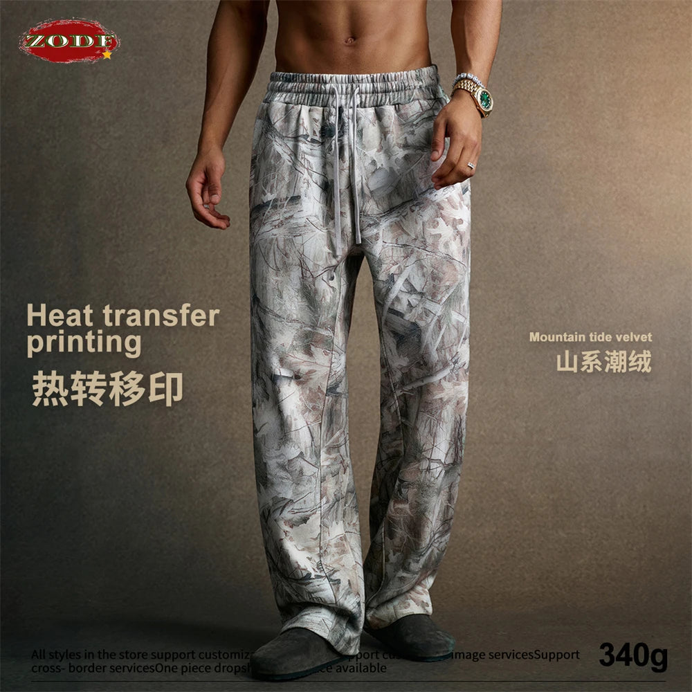 ZODF Autumn Winter Men 340gsm Fleece Straight Pants Unisex Baggy Branch Camouflage Printing Trousers Sweatpants HY1106