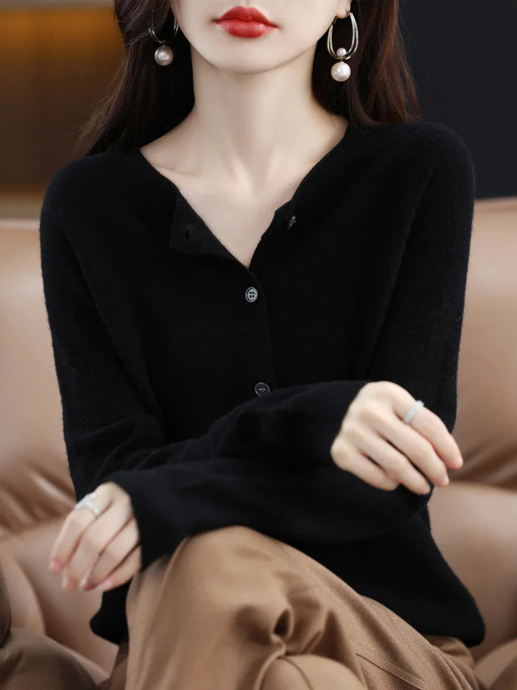2024 New Chic Women's Basic O-neck Cardigan 100% Merino Wool Sweater Soft Grace Knitwear CoatSpring Autumn Female Clothes Tops