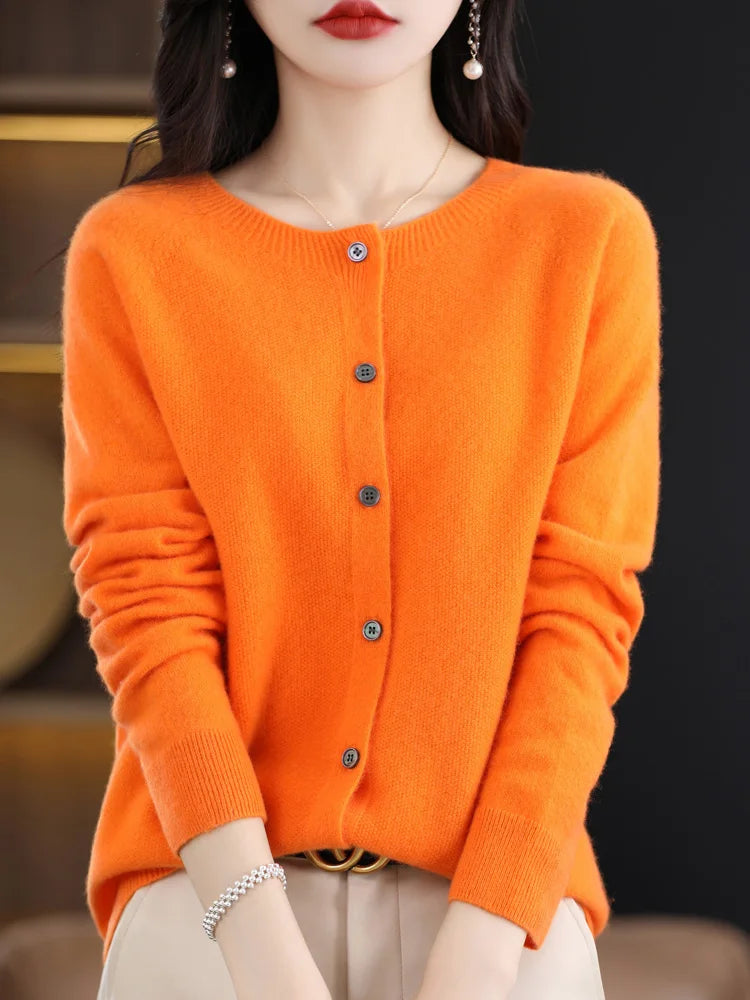 2024 New Chic Women's Basic O-neck Cardigan 100% Merino Wool Sweater Soft Grace Knitwear CoatSpring Autumn Female Clothes Tops
