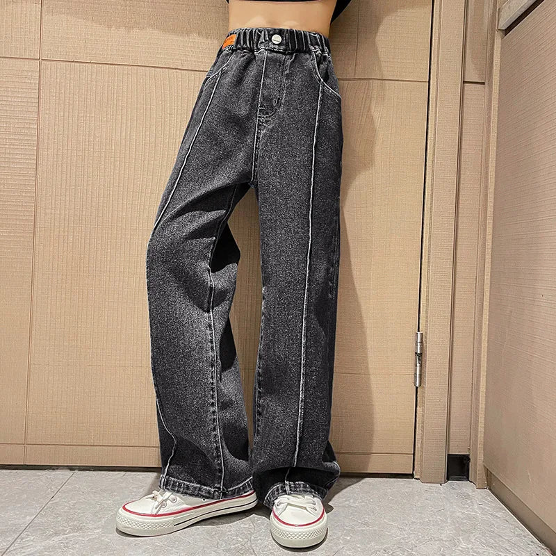 Jeans for Girls 2024 New Fashion Cartoon Printed Long Denim Trousers Teens Kids Cute Dog Pattern Wide Leg Pants 5 7 9 11 13 14Y