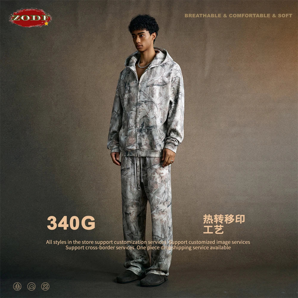 ZODF Autumn Winter Men 340gsm Fleece Straight Pants Unisex Baggy Branch Camouflage Printing Trousers Sweatpants HY1106
