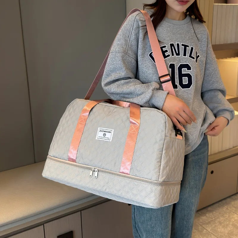 Casual nylon travel luggage bag,  large capacity sports and fitness storage, multi pocket portable weekender overnight bag
