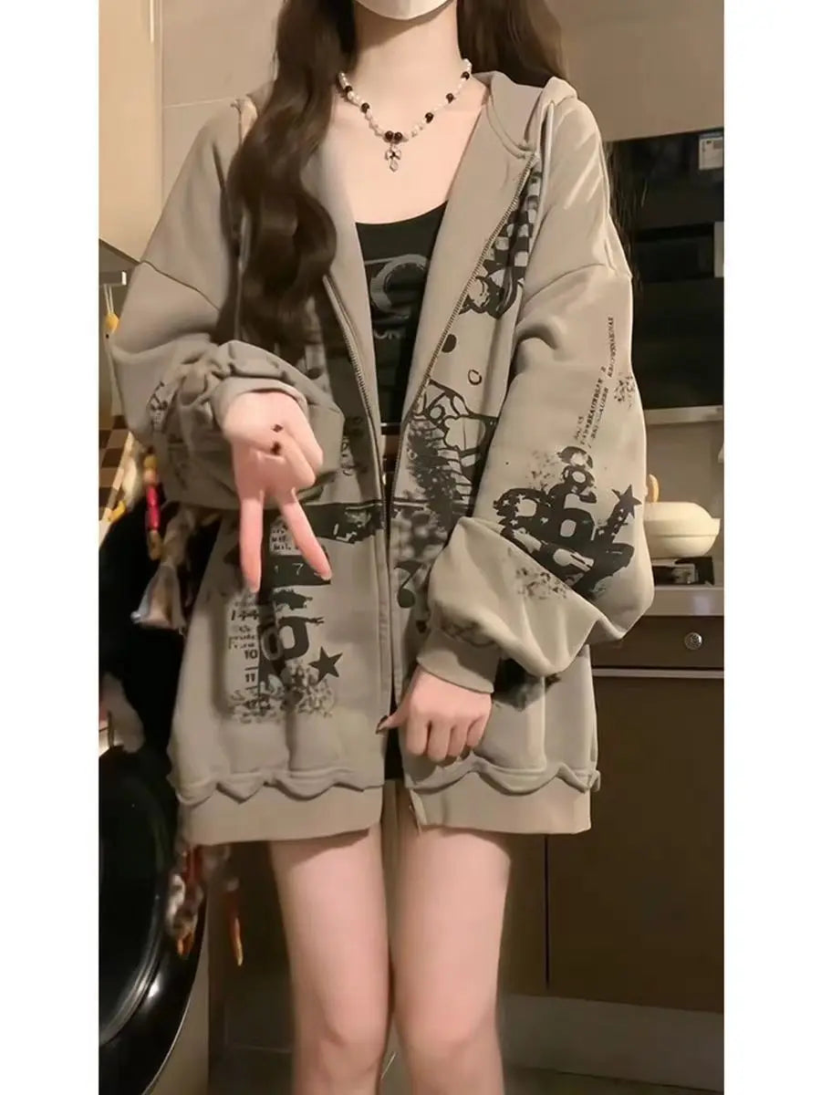 American Street Hip-hop Hooded Sweatshirt for Women New Trend Hooded Sports Cardigan Jacket for Students to Wear