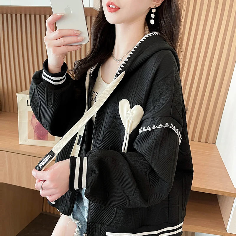 Sweet College Style Baseball Uniform Jacket Girls Fashion Spring Autumn Loose Lines Heart Drawstring Cardigan Hoodie Hooded Coat