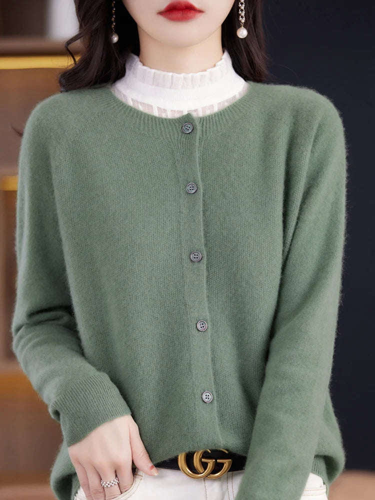 2024 New Chic Women's Basic O-neck Cardigan 100% Merino Wool Sweater Soft Grace Knitwear CoatSpring Autumn Female Clothes Tops