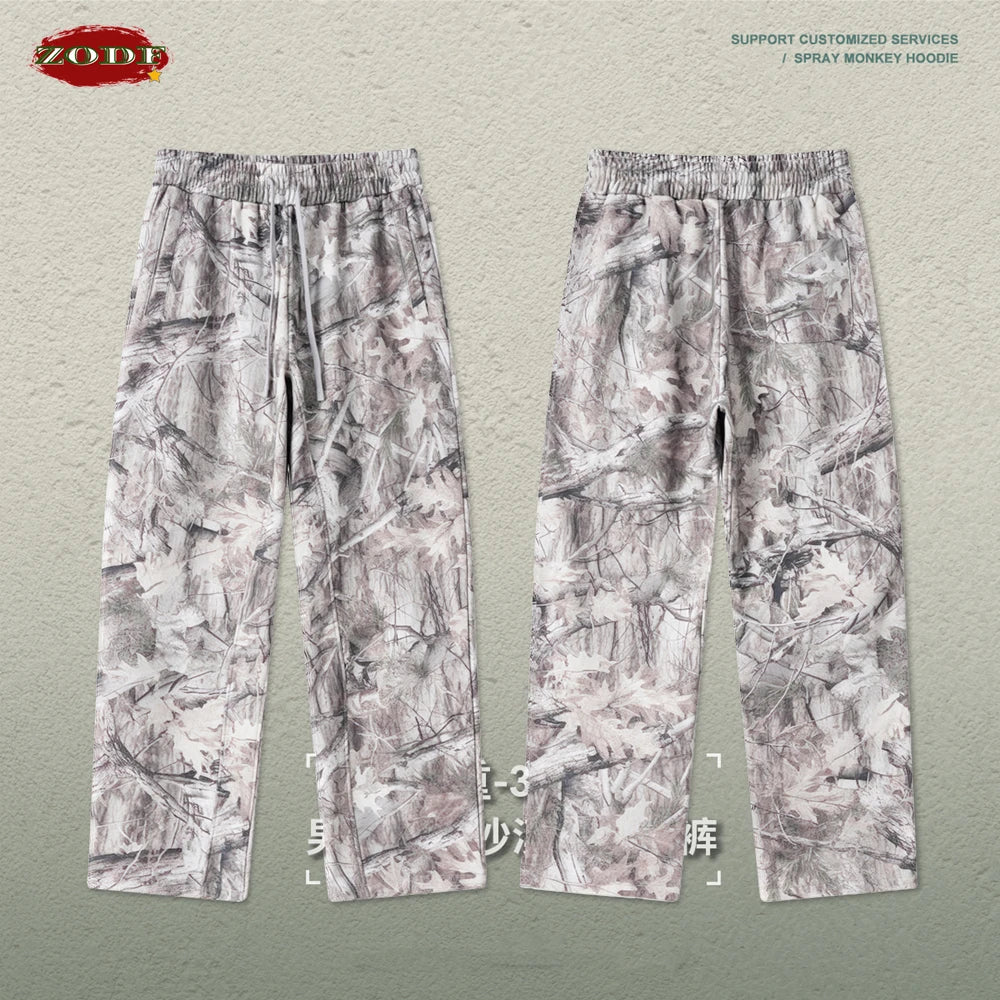 ZODF Autumn Winter Men 340gsm Fleece Straight Pants Unisex Baggy Branch Camouflage Printing Trousers Sweatpants HY1106