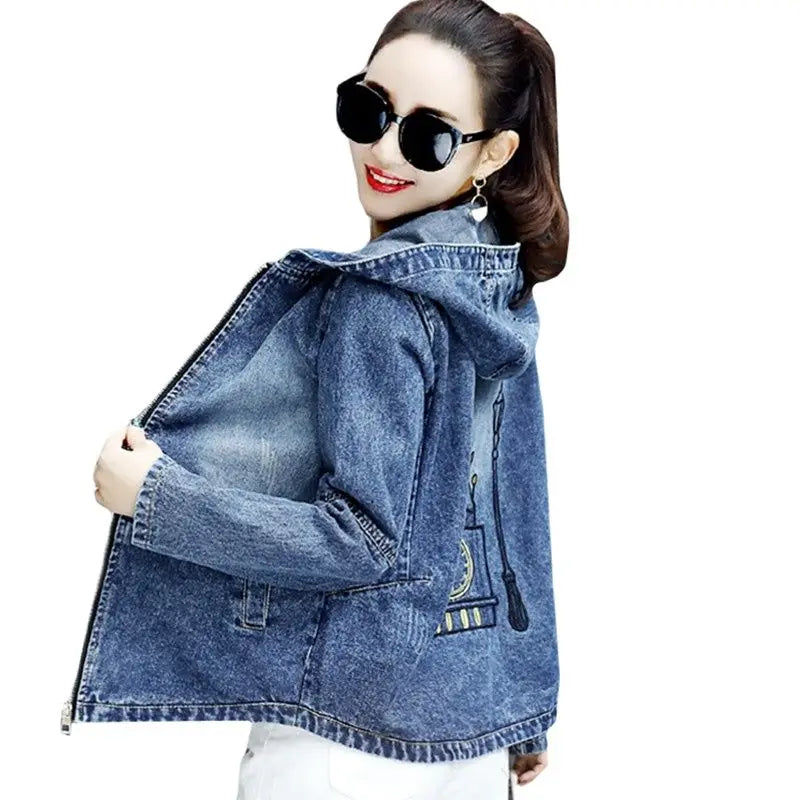 Hooded Denim Jacket Loose 2024 New Spring Autumn Women Long-sleeve Casual Tops Korean Student Short Jeans Coat Plus Size 3XL