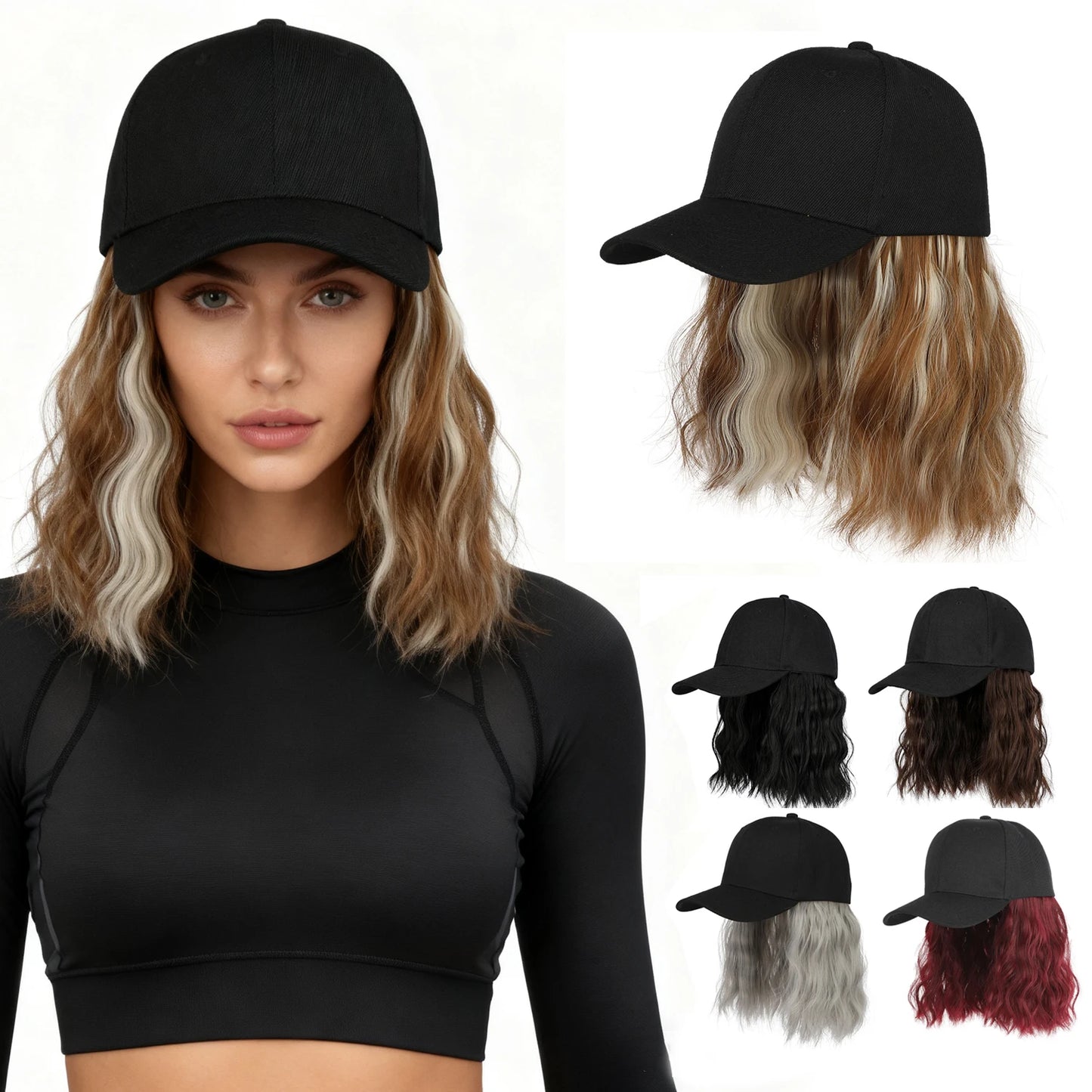 Synthetic Hat Wig for Women Wig Cap with Curly Hair Extensions Hat with Hair Wave Adjustable Baseball Cap Wigs