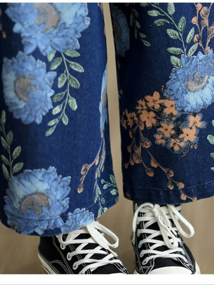 Jeans Fashion Flower Floral Print Woman Pants Elastic High Waist Autumn Pant Women Wide Leg Loose Pleated Ladies Trousers