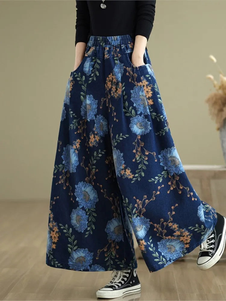 Jeans Fashion Flower Floral Print Woman Pants Elastic High Waist Autumn Pant Women Wide Leg Loose Pleated Ladies Trousers