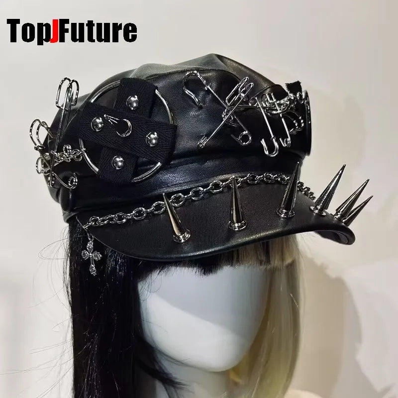 Women's Harajuku Gothic pu leather Steampunk rivet heavy metal Beret Hat Y2k Girls steampunk Streetwear Accessories Caps hat