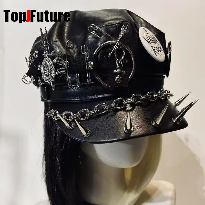 Women's Harajuku Gothic pu leather Steampunk rivet heavy metal Beret Hat Y2k Girls steampunk Streetwear Accessories Caps hat