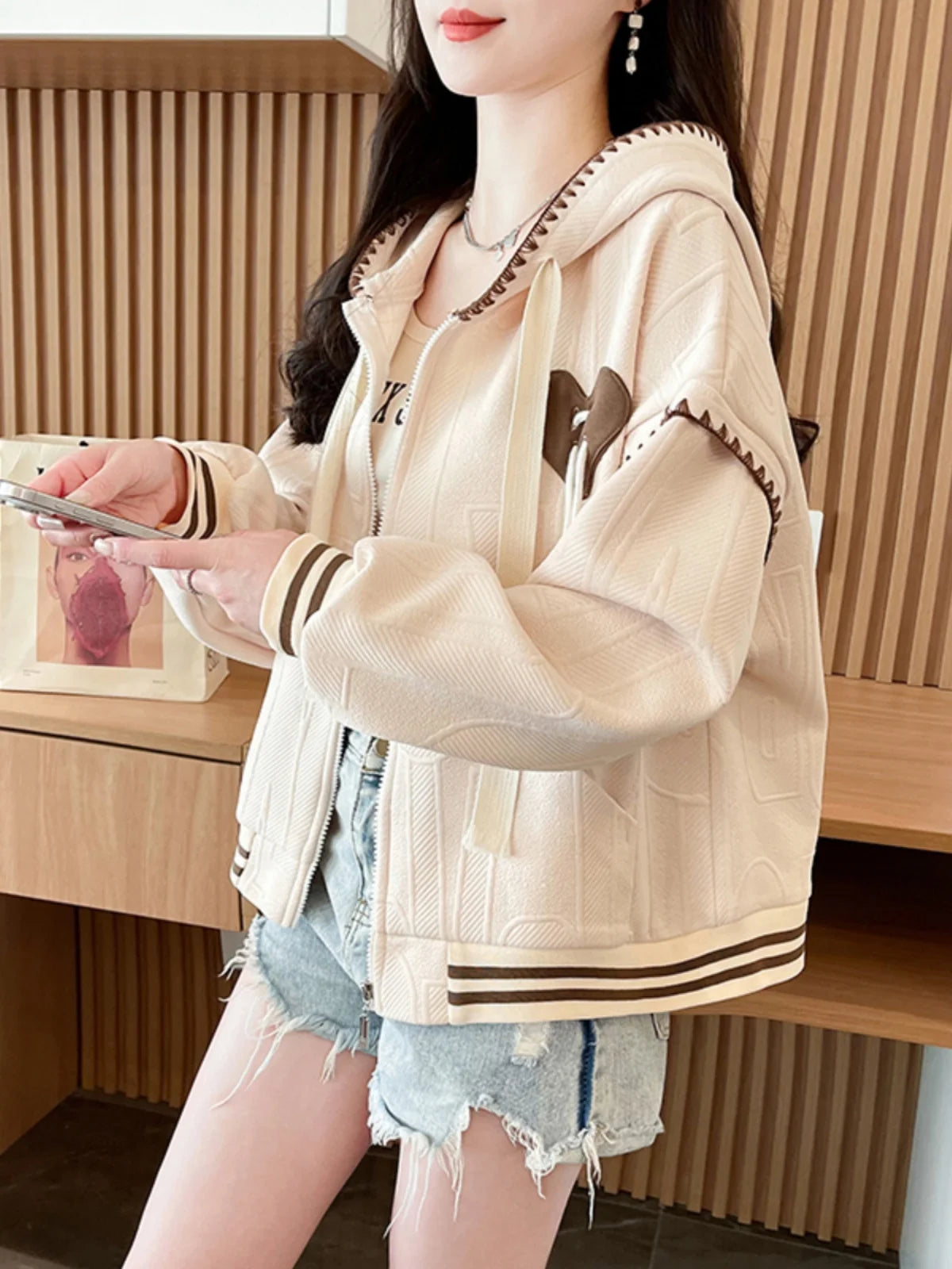 Sweet College Style Baseball Uniform Jacket Girls Fashion Spring Autumn Loose Lines Heart Drawstring Cardigan Hoodie Hooded Coat