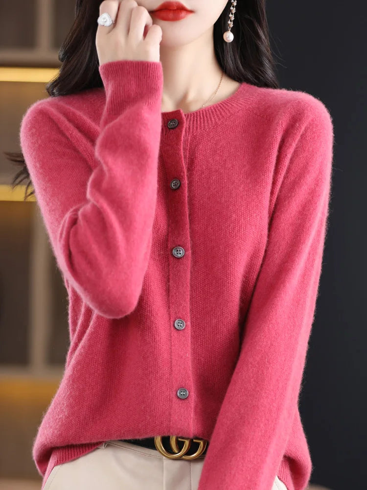 2024 New Chic Women's Basic O-neck Cardigan 100% Merino Wool Sweater Soft Grace Knitwear CoatSpring Autumn Female Clothes Tops