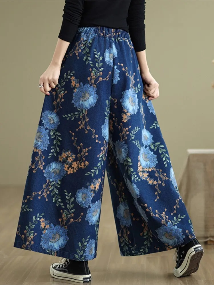 Jeans Fashion Flower Floral Print Woman Pants Elastic High Waist Autumn Pant Women Wide Leg Loose Pleated Ladies Trousers