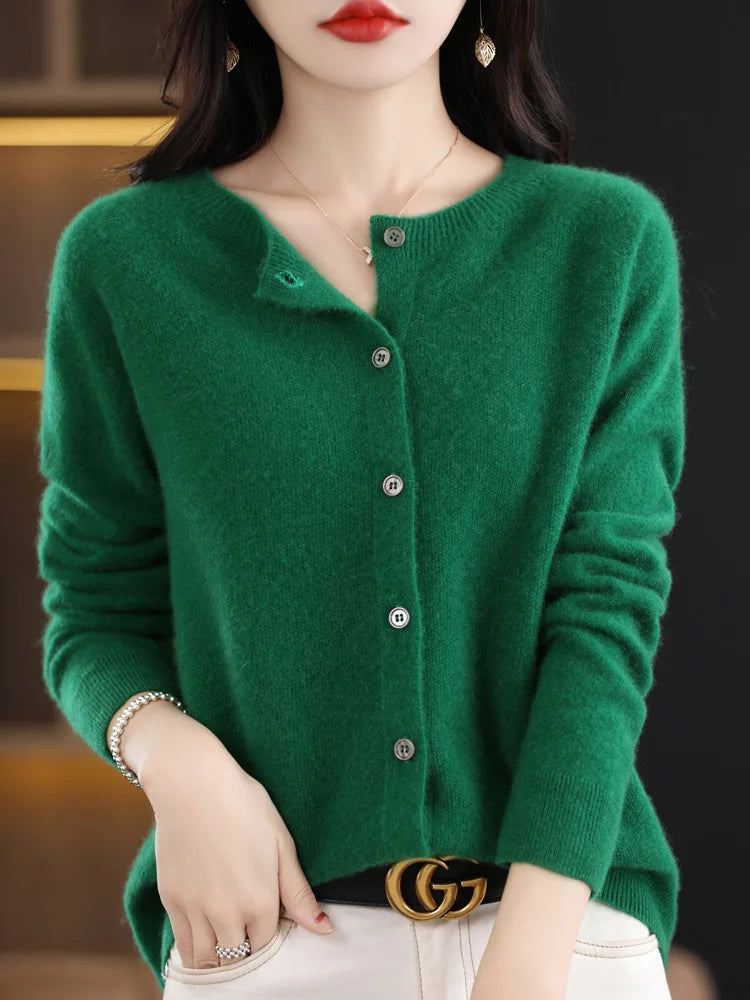 2024 New Chic Women's Basic O-neck Cardigan 100% Merino Wool Sweater Soft Grace Knitwear CoatSpring Autumn Female Clothes Tops