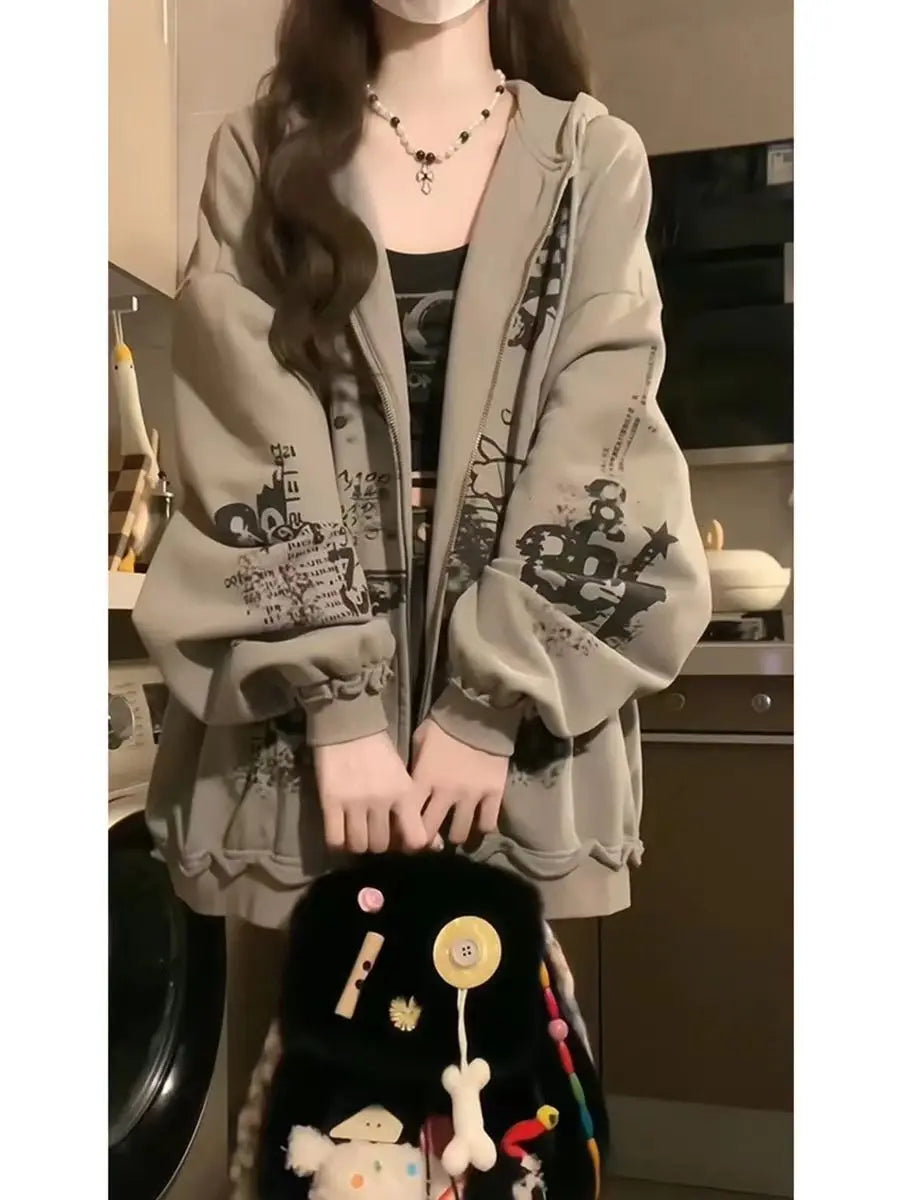 American Street Hip-hop Hooded Sweatshirt for Women New Trend Hooded Sports Cardigan Jacket for Students to Wear