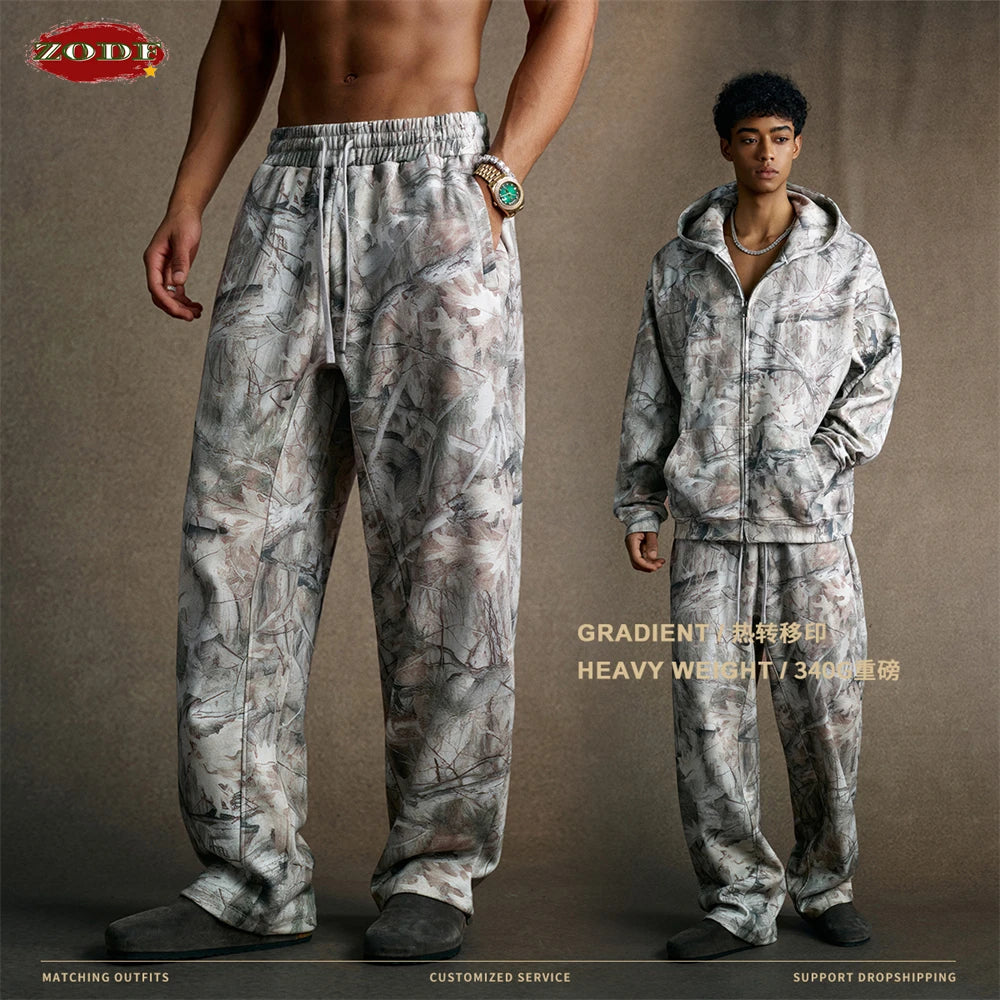 ZODF Autumn Winter Men 340gsm Fleece Straight Pants Unisex Baggy Branch Camouflage Printing Trousers Sweatpants HY1106