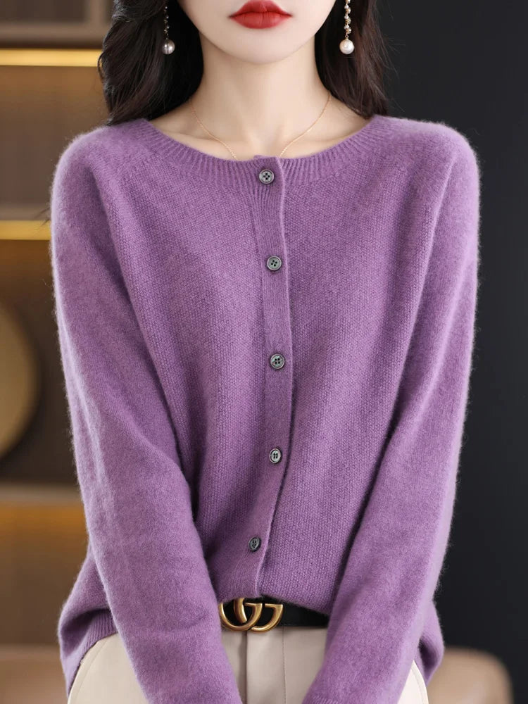 2024 New Chic Women's Basic O-neck Cardigan 100% Merino Wool Sweater Soft Grace Knitwear CoatSpring Autumn Female Clothes Tops