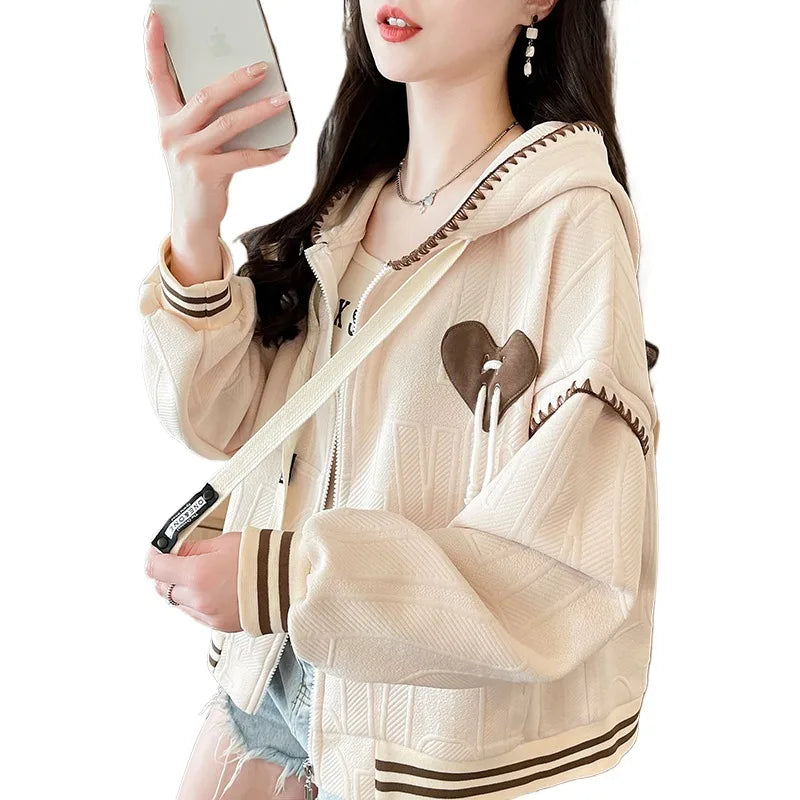 Sweet College Style Baseball Uniform Jacket Girls Fashion Spring Autumn Loose Lines Heart Drawstring Cardigan Hoodie Hooded Coat