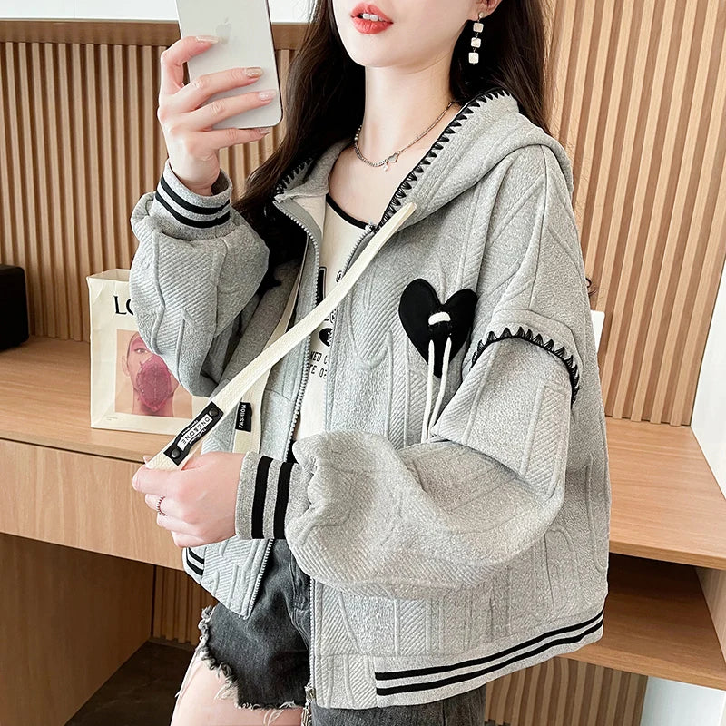 Sweet College Style Baseball Uniform Jacket Girls Fashion Spring Autumn Loose Lines Heart Drawstring Cardigan Hoodie Hooded Coat