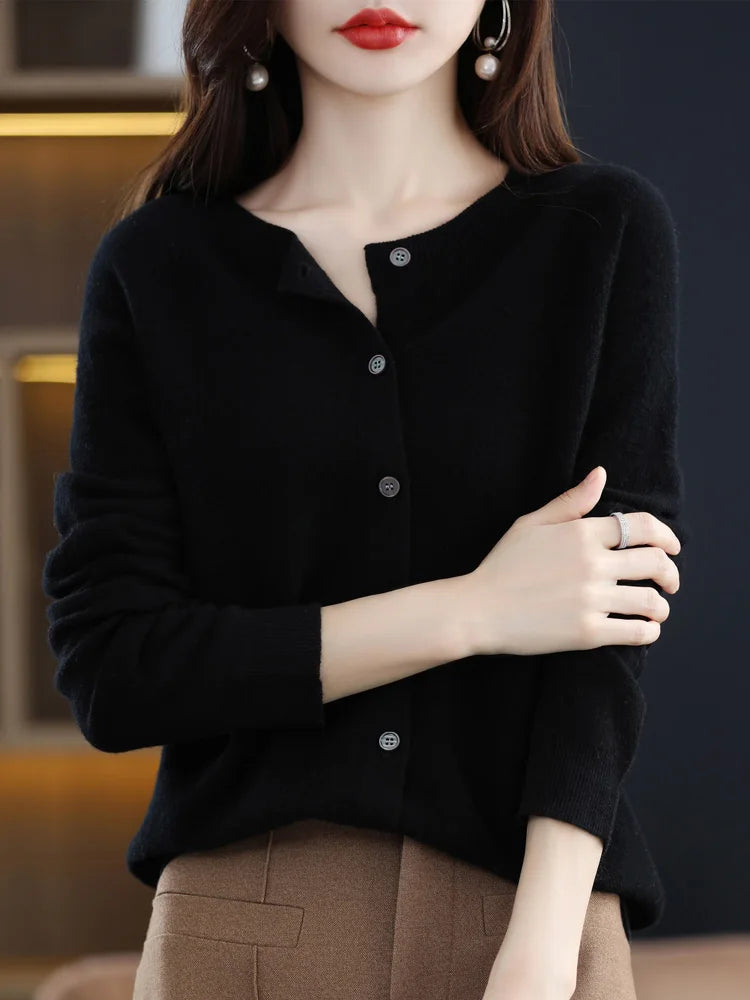 2024 New Chic Women's Basic O-neck Cardigan 100% Merino Wool Sweater Soft Grace Knitwear CoatSpring Autumn Female Clothes Tops