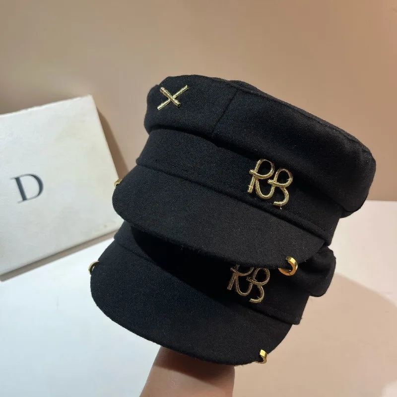 Luxury Designer Brand Wool Fabric Newsboy Caps for Women Letters Militray Hat Flat Top Cap Casual Gorras Visor Navy Hats Gorras