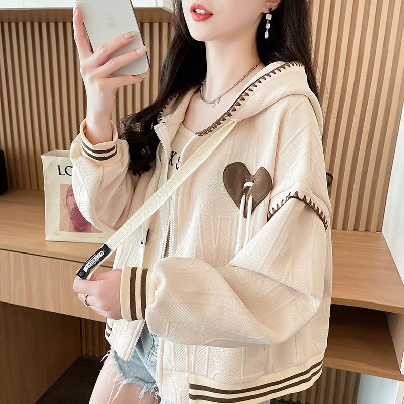 Sweet College Style Baseball Uniform Jacket Girls Fashion Spring Autumn Loose Lines Heart Drawstring Cardigan Hoodie Hooded Coat