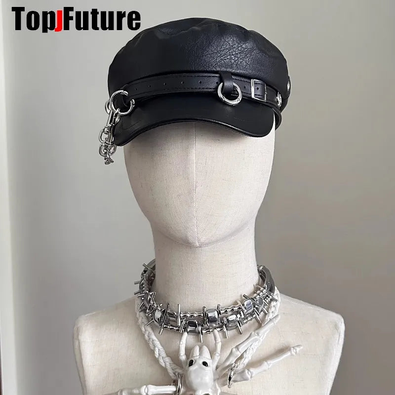 Unisex style Harajuku Gothic Lolita Hat Women Men Punk Designer beret subculture punk metal Cap Streetwear Arm Cap