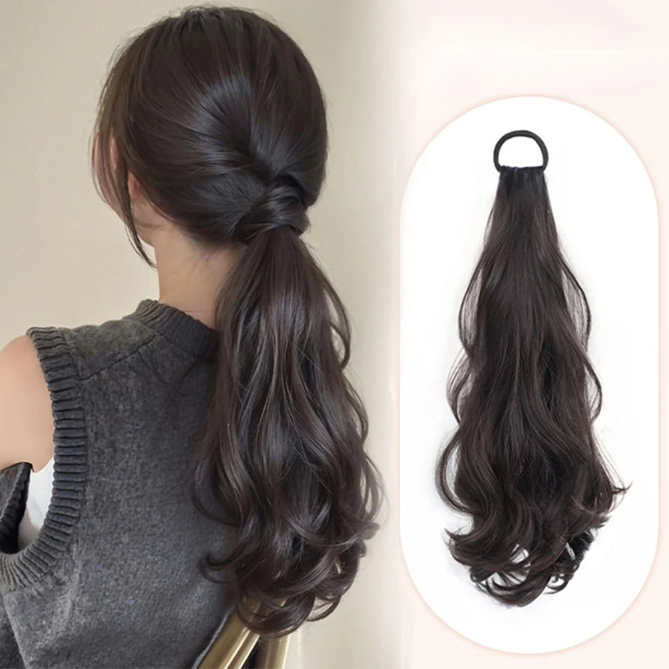 Long Curly Ponytail Hair Extensions with Elastic Band – Natural Dark Brown Synthetic Hair for Women