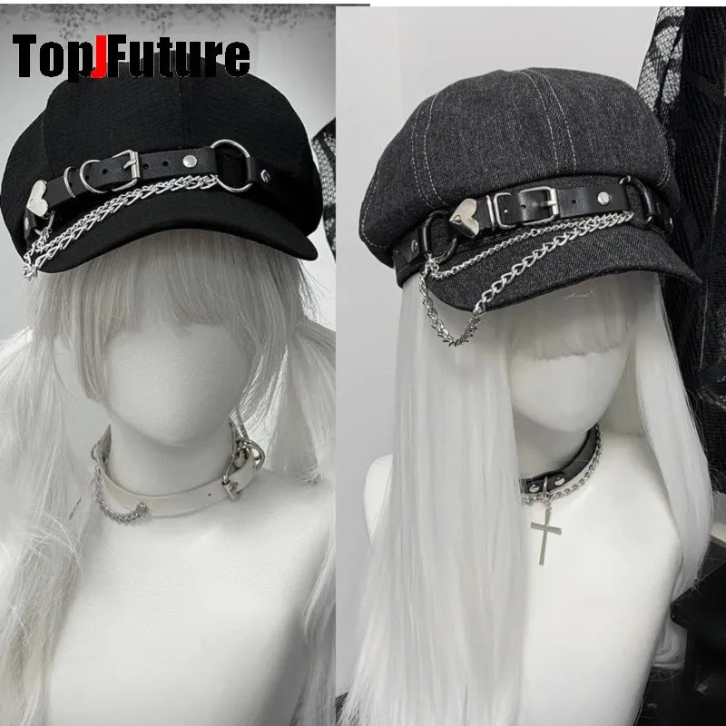 Women's Men's Harajuku Gothic Lolita Beret Hat Y2k Girls Punk Grunge Chic Streetwear Accessories Caps Newsboy Cap