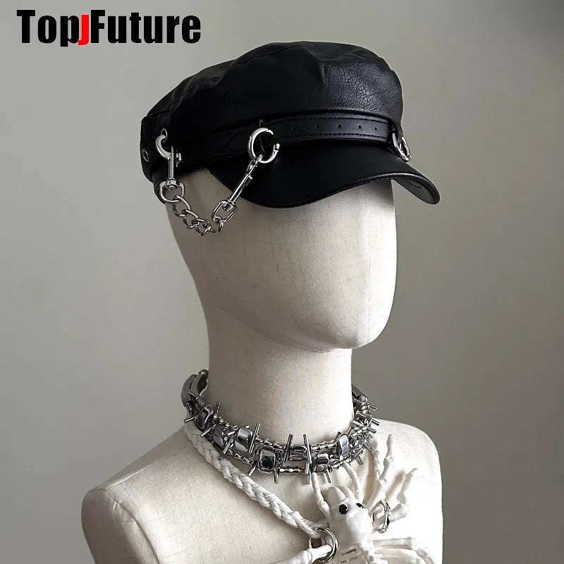 Unisex style Harajuku Gothic Lolita Hat Women Men Punk Designer beret subculture punk metal Cap Streetwear Arm Cap